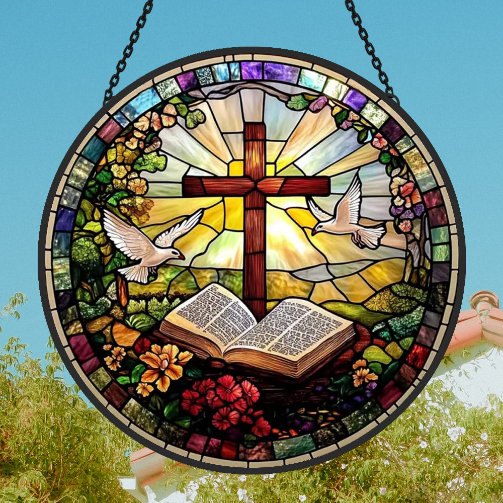 Cross and open bible stained glass suncatcher window hanging, suitable for home and garden decoration