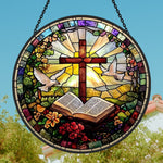 Cross and open bible stained glass suncatcher window hanging, suitable for home and garden decoration
