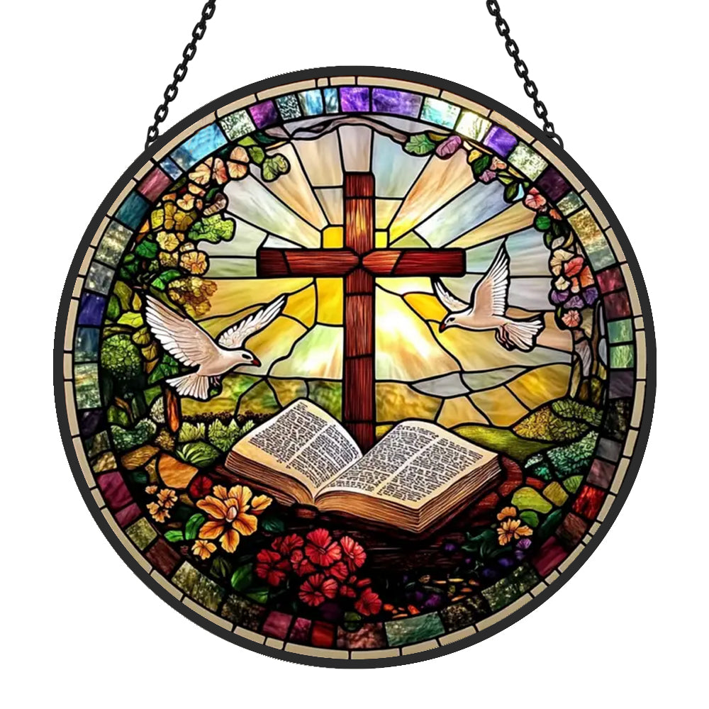 Cross and open bible stained glass suncatcher window hanging, suitable for home and garden decoration