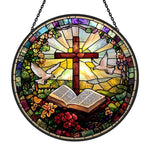 Cross and open bible stained glass suncatcher window hanging, suitable for home and garden decoration