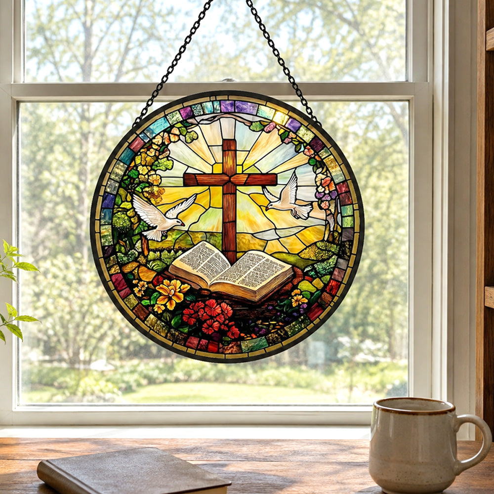 Cross and open bible stained glass suncatcher window hanging, suitable for home and garden decoration