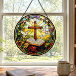 Cross and open bible stained glass suncatcher window hanging, suitable for home and garden decoration