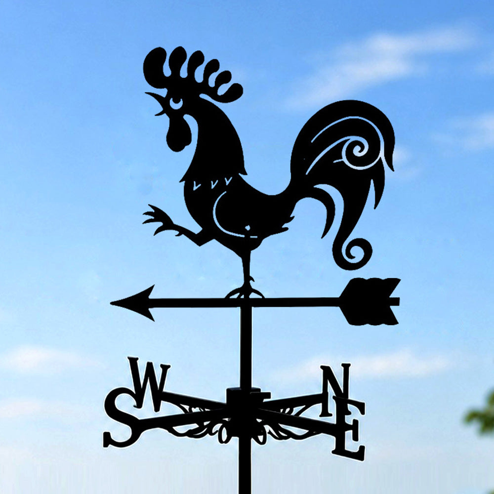 Crowing rooster metal weather vane with directional arrows and mounting rod, outdoor roof and garden decoration
