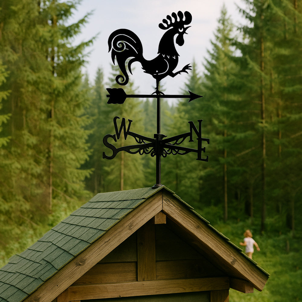 Crowing rooster metal weather vane with directional arrows and mounting rod, outdoor roof and garden decoration
