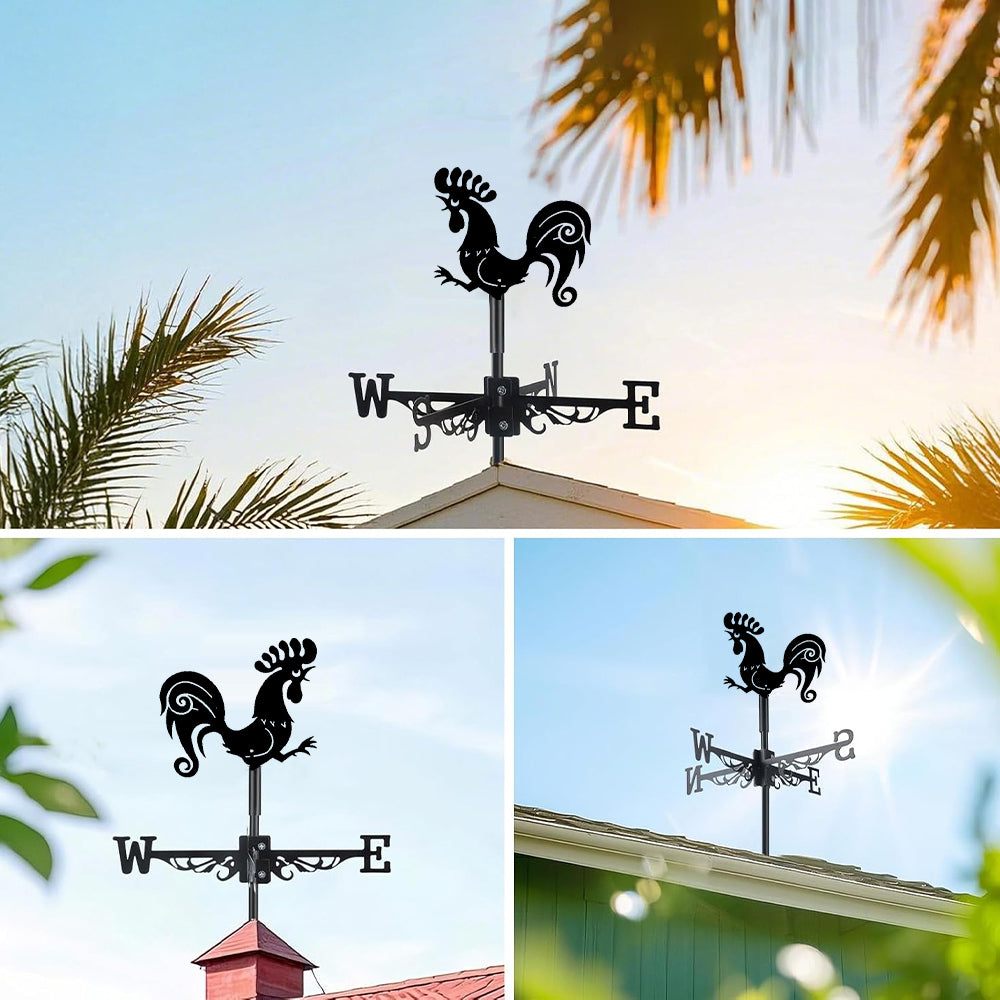 Crowing rooster metal weather vane with directional arrows and mounting rod, outdoor roof and garden decoration
