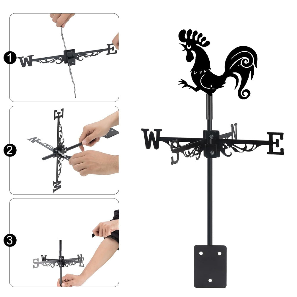 Crowing rooster metal weather vane with directional arrows and mounting rod, outdoor roof and garden decoration