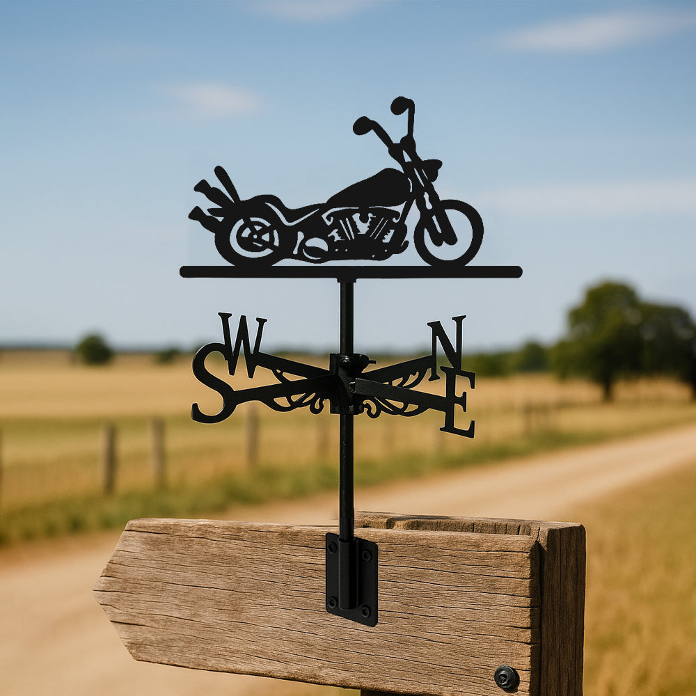 Cruiser motorcycle metal weather vane with directional arrows and mounting rod, outdoor roof and garden decoration
