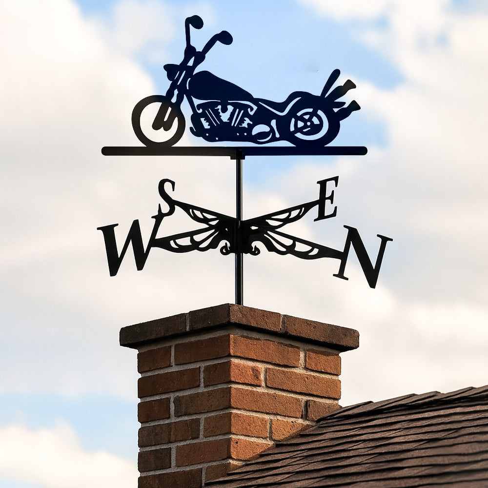 Cruiser motorcycle metal weather vane with directional arrows and mounting rod, outdoor roof and garden decoration