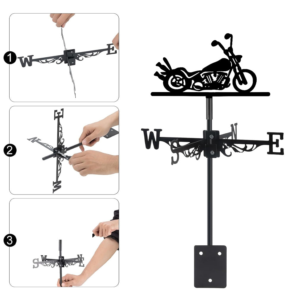 Cruiser motorcycle metal weather vane with directional arrows and mounting rod, outdoor roof and garden decoration