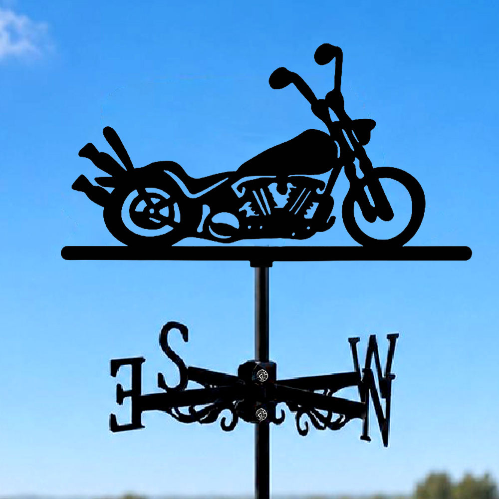 Cruiser motorcycle metal weather vane with directional arrows and mounting rod, outdoor roof and garden decoration