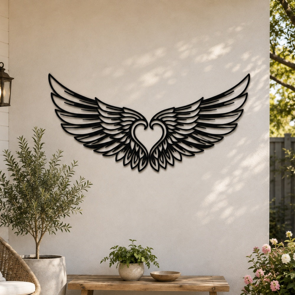 Black metal Cupid Heart wings wall art with intricate cutout details displayed on the wall