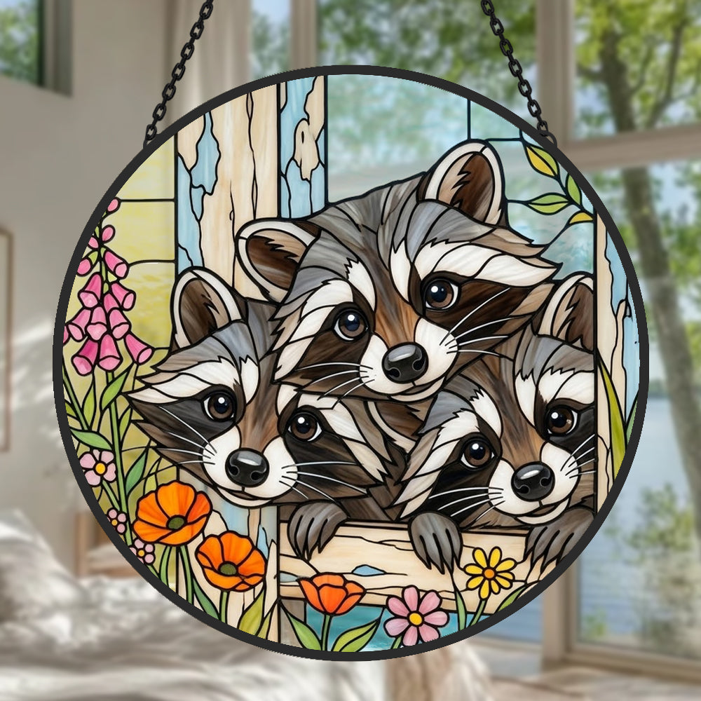 Curious raccoon family stained glass suncatcher window hanging, suitable for home and garden decoration