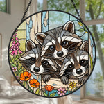 Curious raccoon family stained glass suncatcher window hanging, suitable for home and garden decoration
