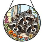 Curious raccoon family stained glass suncatcher window hanging, suitable for home and garden decoration