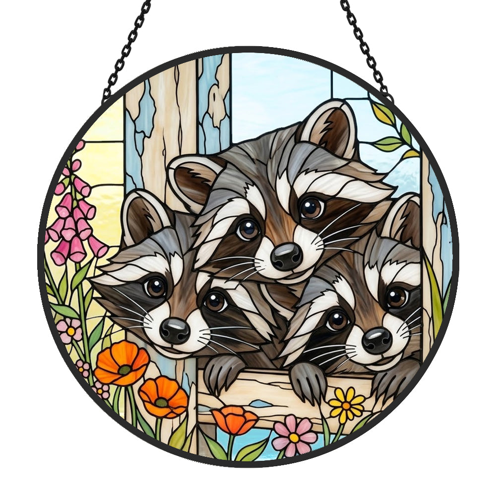 Curious raccoon family stained glass suncatcher window hanging, suitable for home and garden decoration