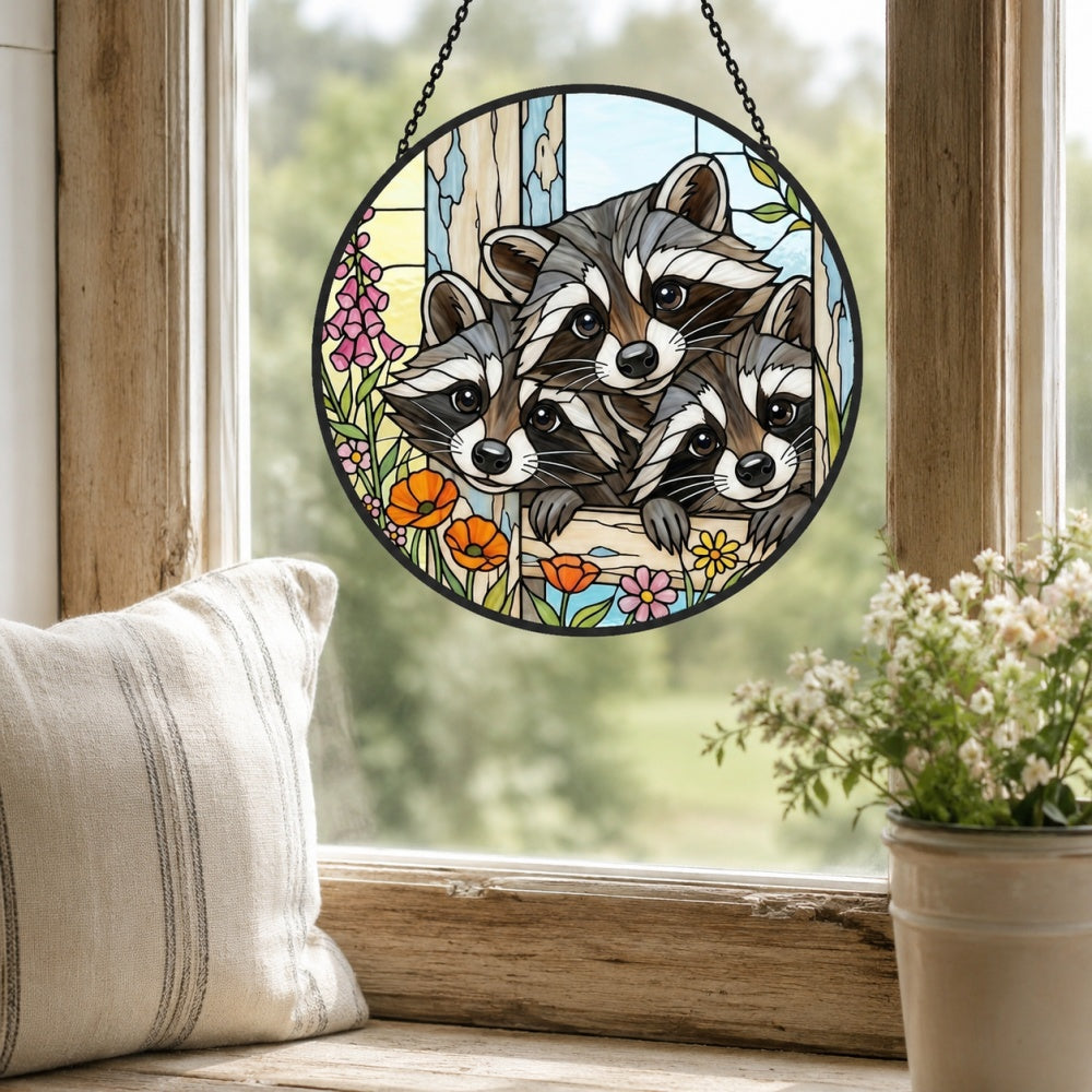 Curious raccoon family stained glass suncatcher window hanging, suitable for home and garden decoration