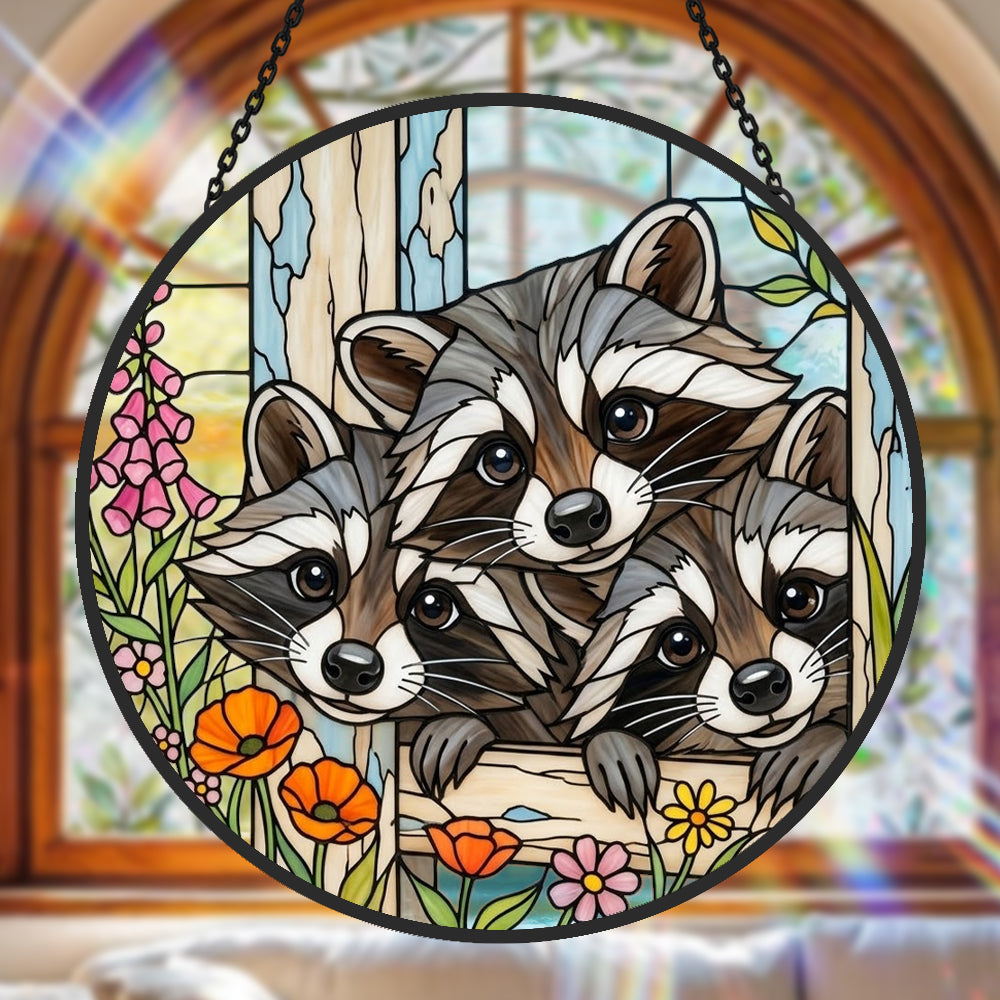 Curious raccoon family stained glass suncatcher window hanging, suitable for home and garden decoration