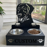 Personalized curly coated retriever metal dog bowl stand with custom name cutout and two removable feeding bowls
