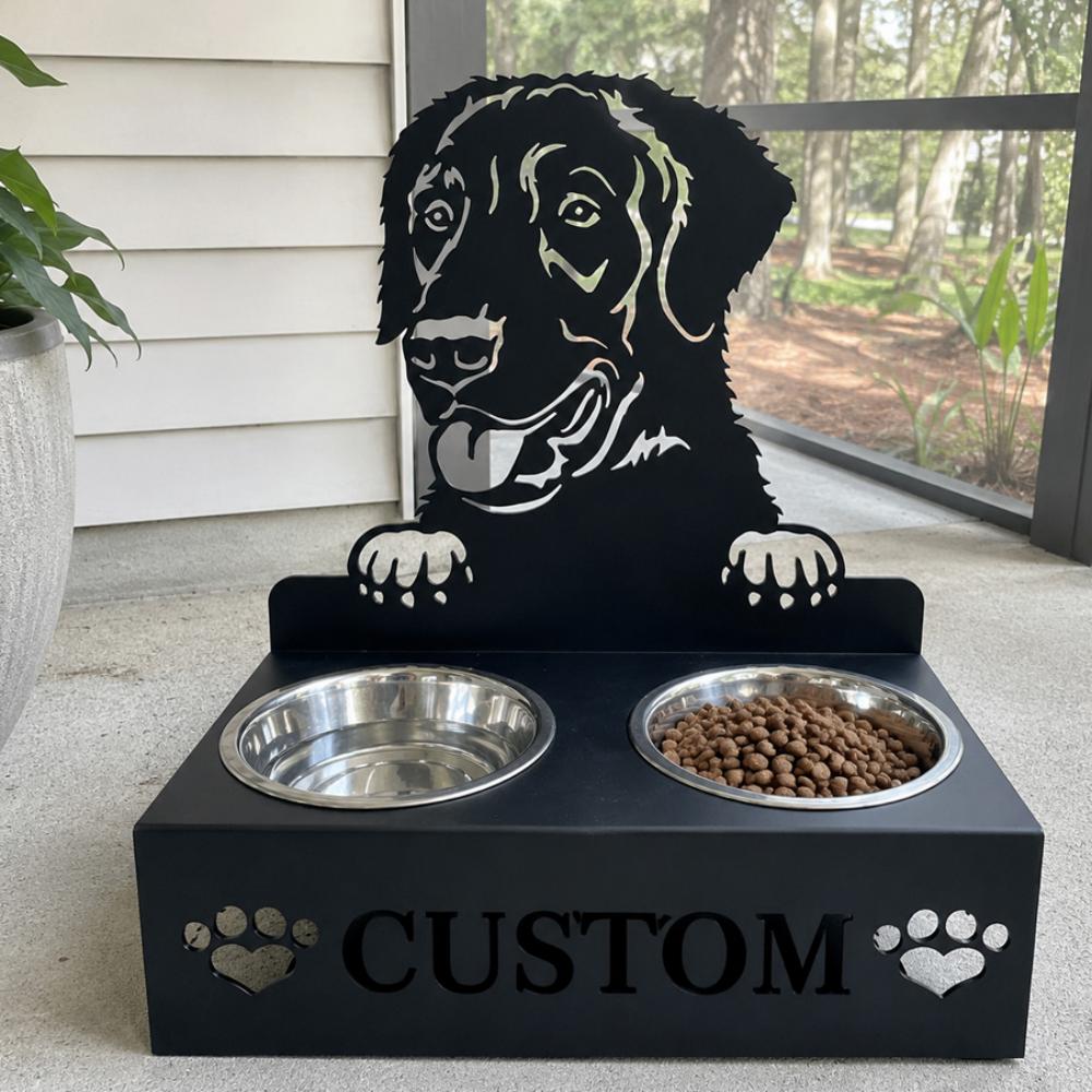 Personalized curly coated retriever metal dog bowl stand with custom name cutout and two removable feeding bowls