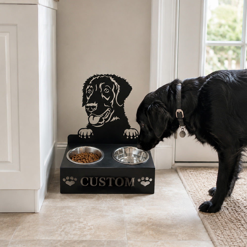 Personalized curly coated retriever metal dog bowl stand with custom name cutout and two removable feeding bowls