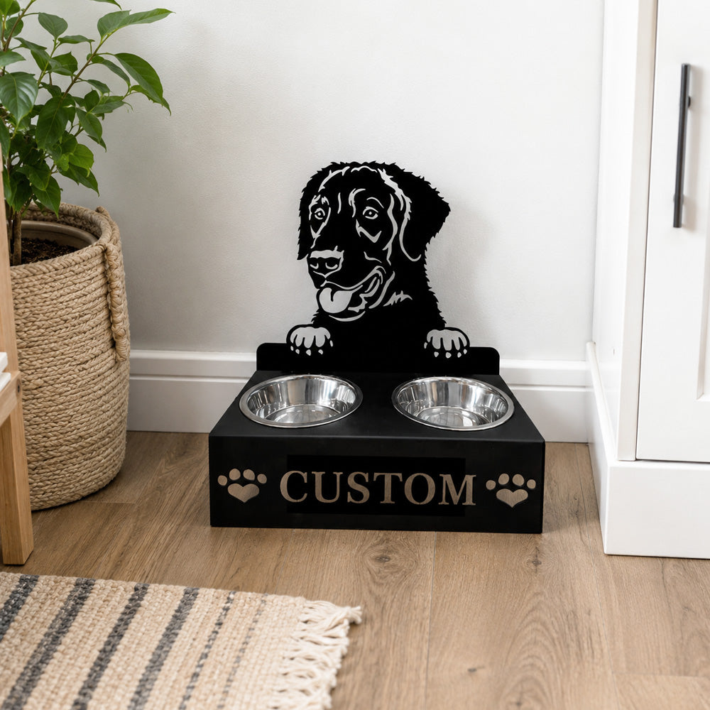 Personalized curly coated retriever metal dog bowl stand with custom name cutout and two removable feeding bowls