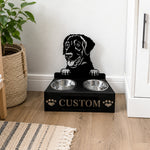 Personalized curly coated retriever metal dog bowl stand with custom name cutout and two removable feeding bowls