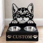 Personalized cute cat metal cat bowl stand with custom name cutout and two removable feeding bowls