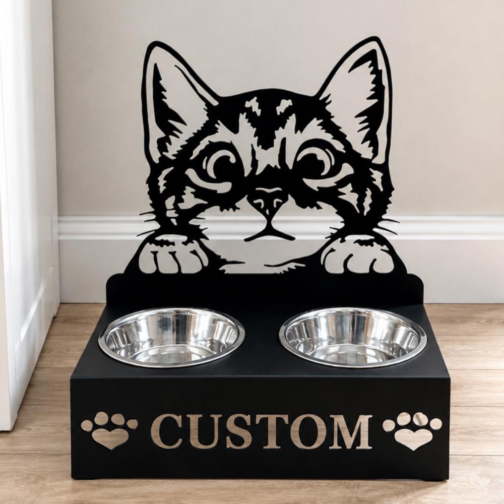 Personalized cute cat metal cat bowl stand with custom name cutout and two removable feeding bowls
