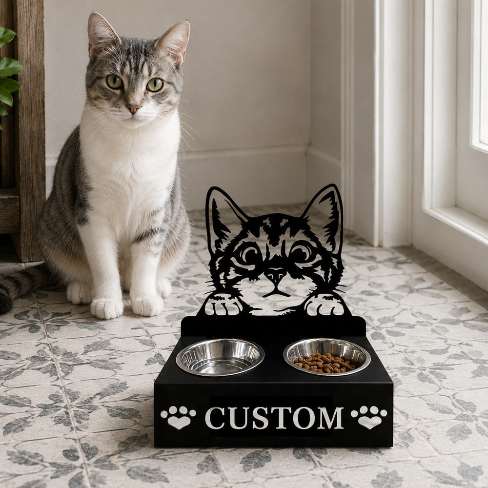 Personalized cute cat metal cat bowl stand with custom name cutout and two removable feeding bowls