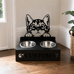 Personalized cute cat metal cat bowl stand with custom name cutout and two removable feeding bowls
