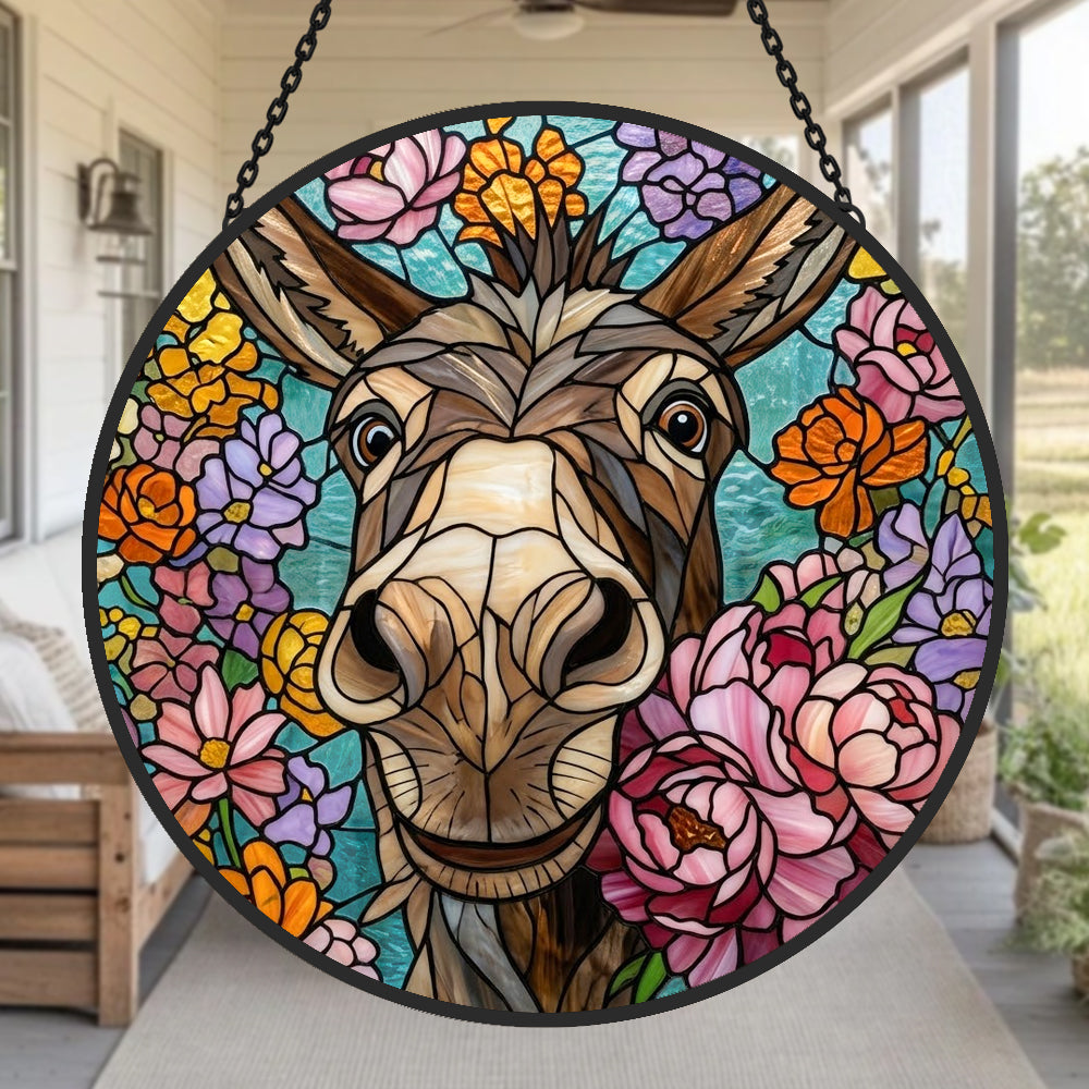 Cute floral donkey-1 stained glass suncatcher window hanging, suitable for home and garden decoration