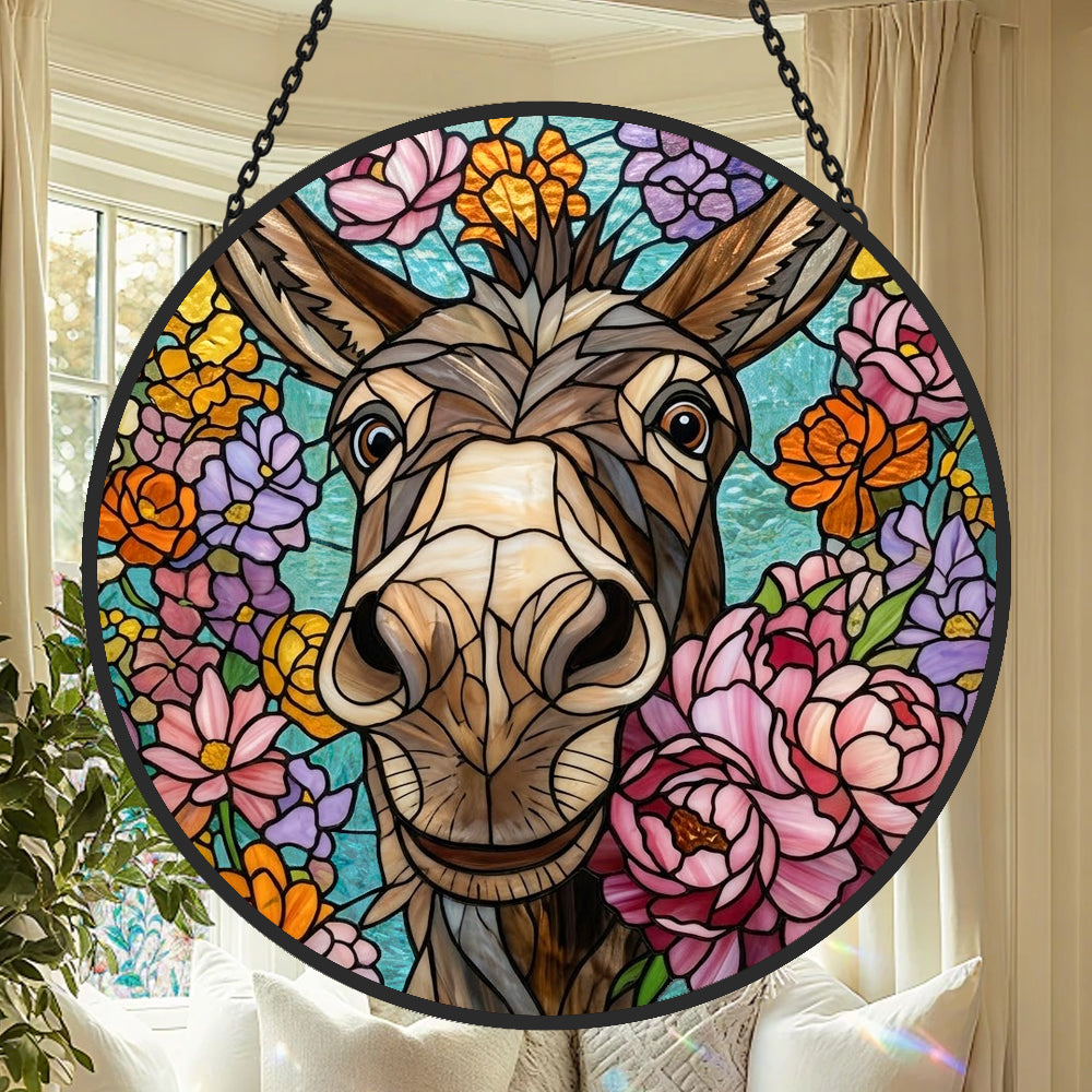 Cute floral donkey-1 stained glass suncatcher window hanging, suitable for home and garden decoration