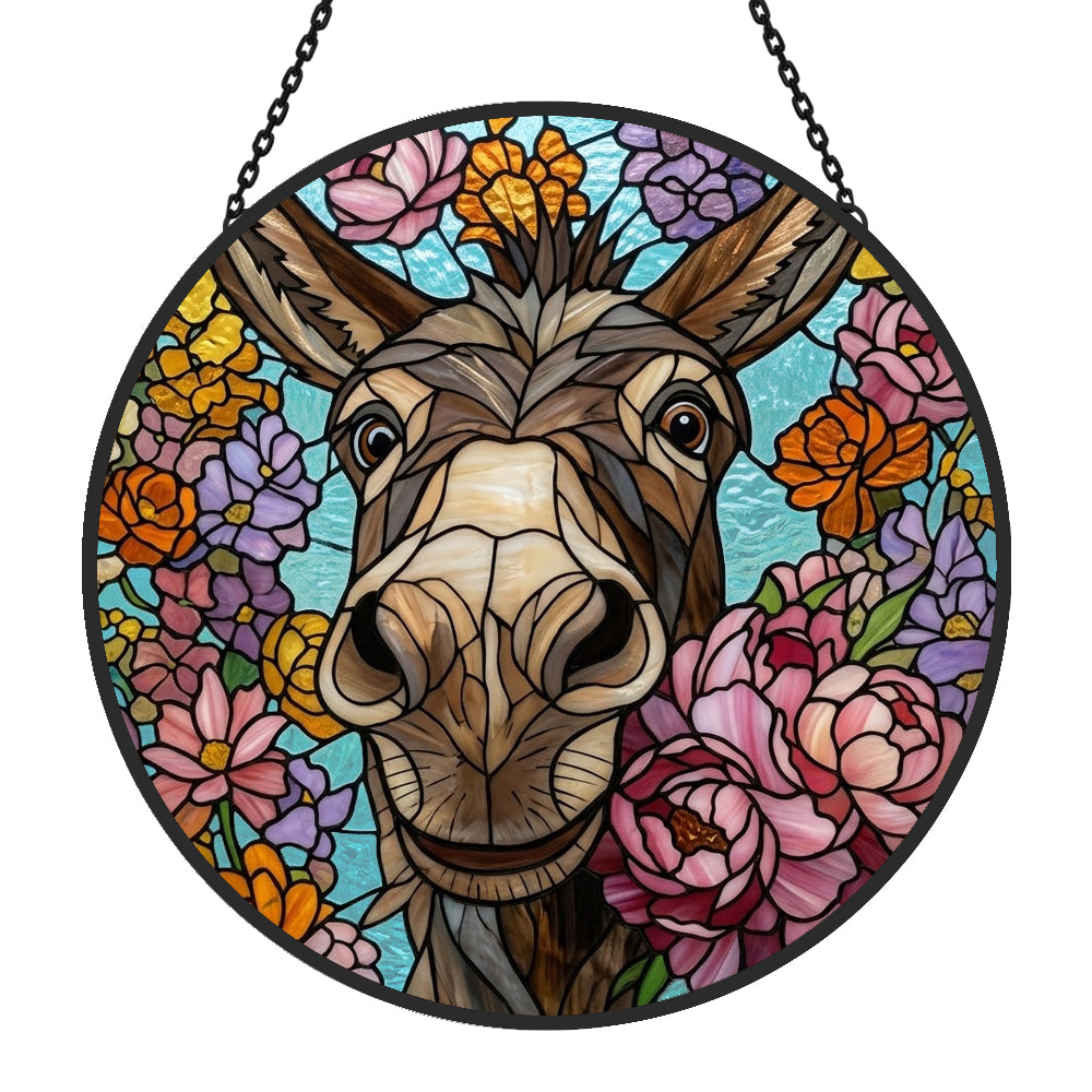 Cute floral donkey-1 stained glass suncatcher window hanging, suitable for home and garden decoration