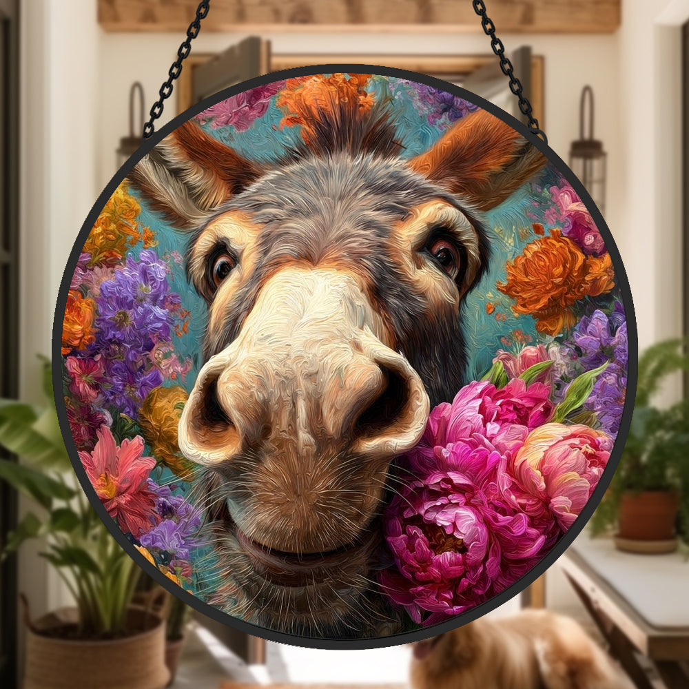 Cute floral donkey stained glass suncatcher window hanging, suitable for home and garden decoration