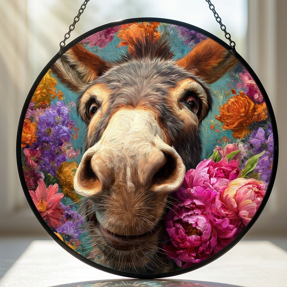 Cute floral donkey stained glass suncatcher window hanging, suitable for home and garden decoration