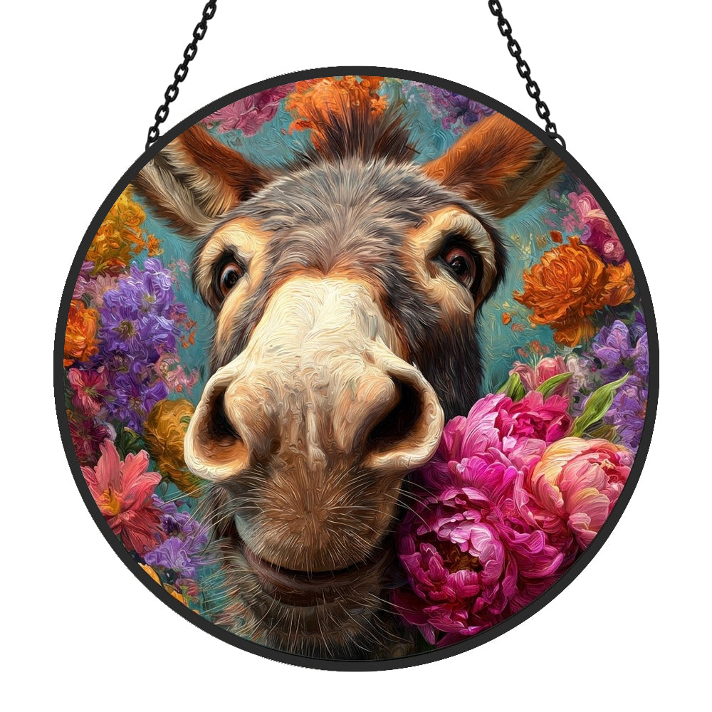 Cute floral donkey stained glass suncatcher window hanging, suitable for home and garden decoration