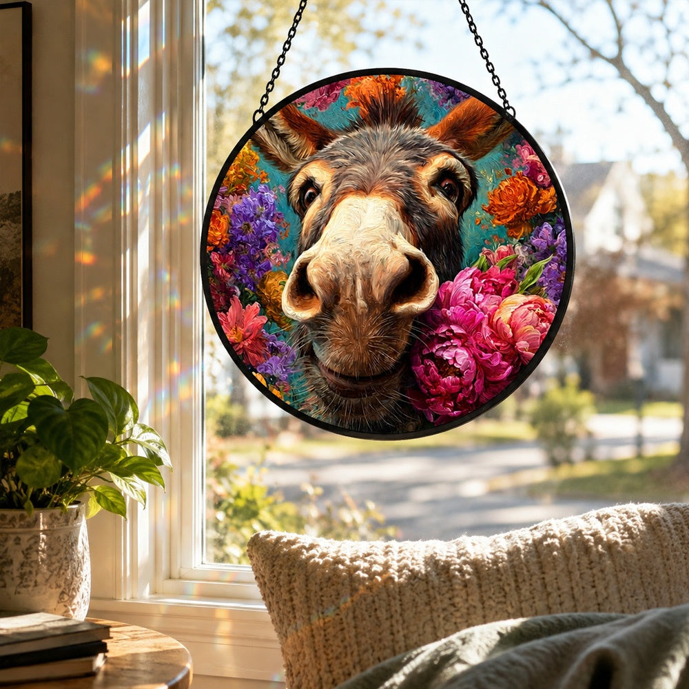 Cute floral donkey stained glass suncatcher window hanging, suitable for home and garden decoration