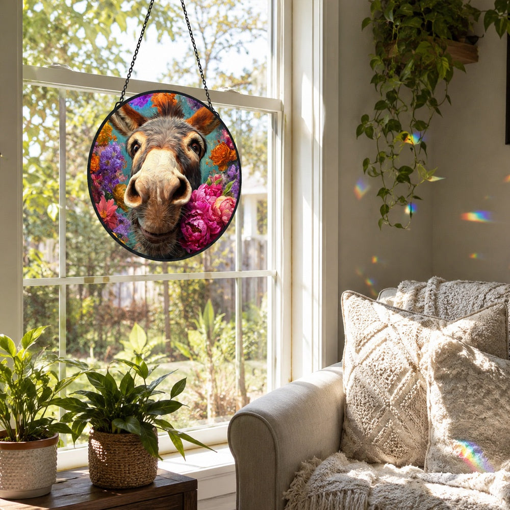 Cute floral donkey stained glass suncatcher window hanging, suitable for home and garden decoration
