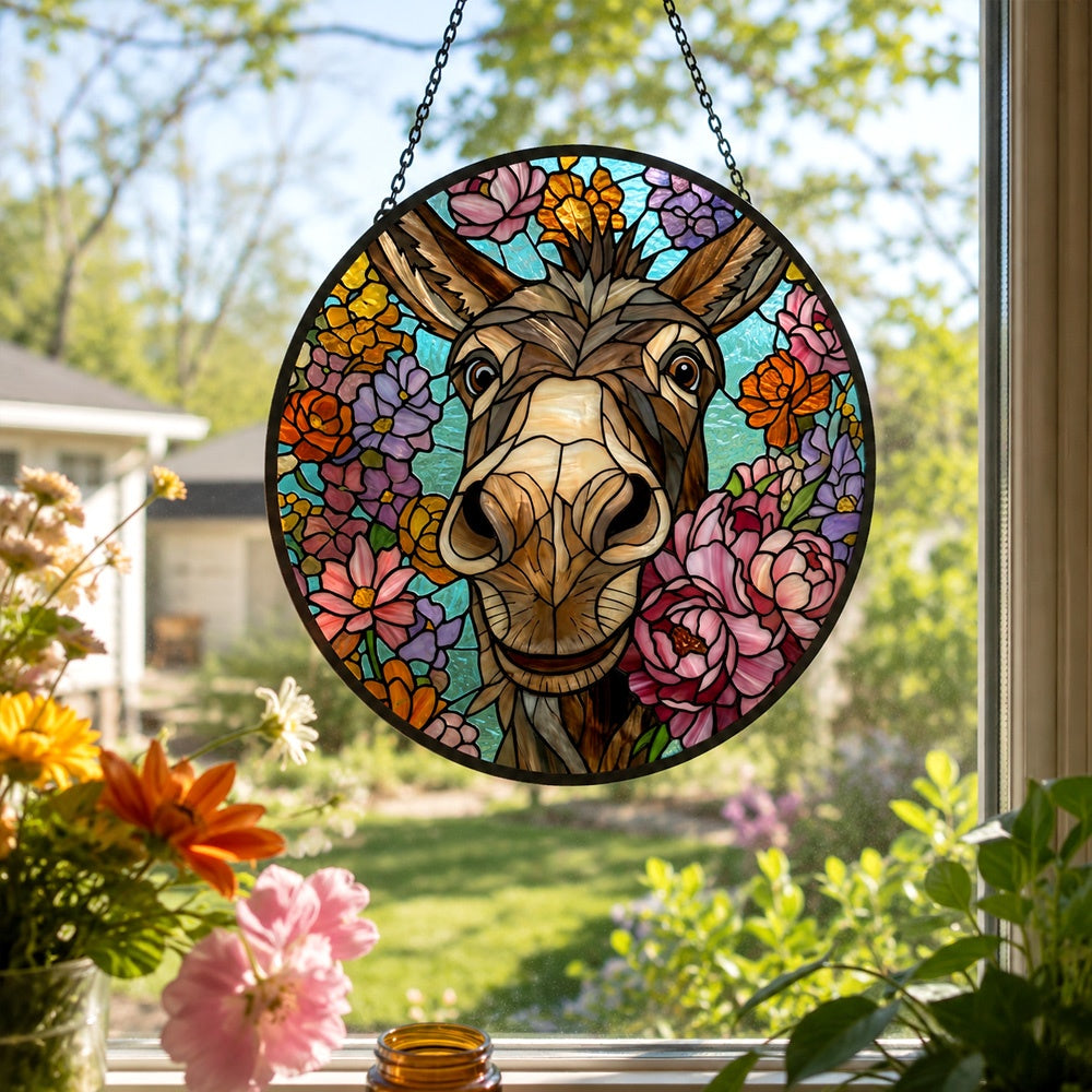 Cute floral donkey stained glass suncatcher window hanging, suitable for home and garden decoration