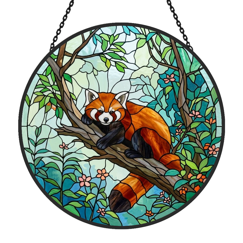 Cute floral forest red panda decor stained glass suncatcher window hanging, suitable for home and garden decoration