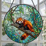 Cute floral forest red panda decor stained glass suncatcher window hanging, suitable for home and garden decoration
