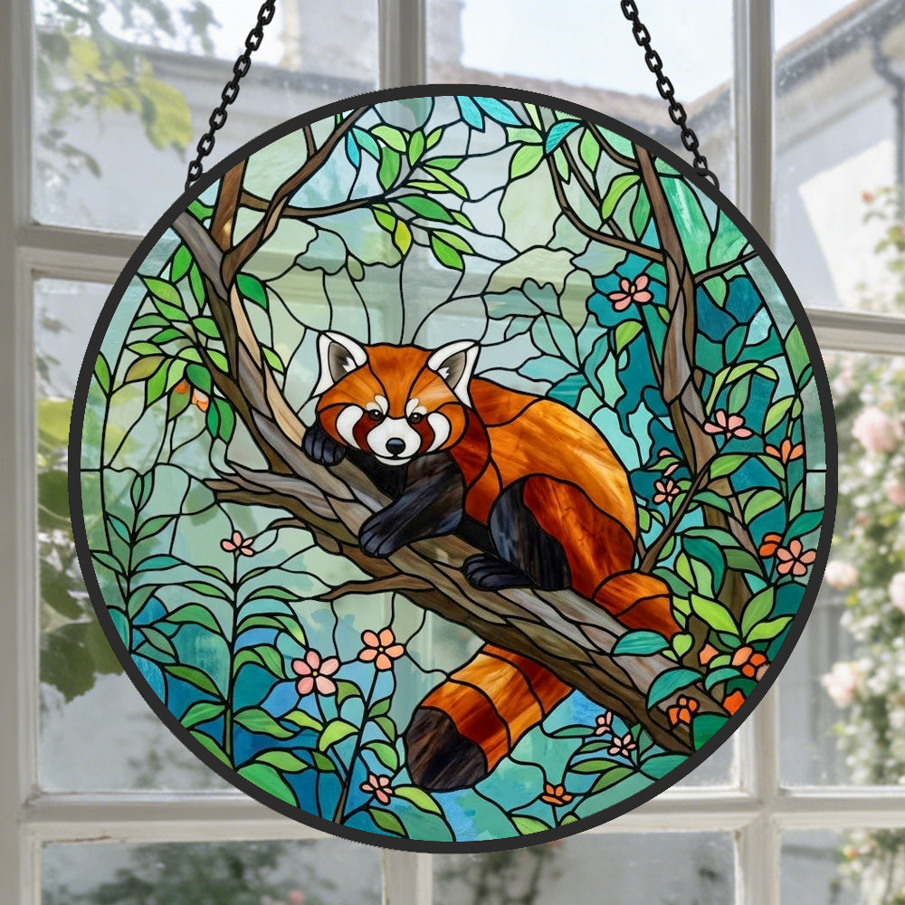 Cute floral forest red panda decor stained glass suncatcher window hanging, suitable for home and garden decoration