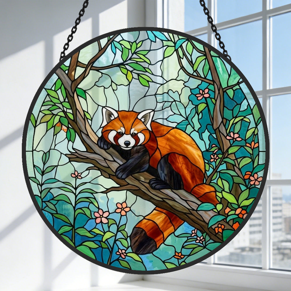 Cute floral forest red panda decor stained glass suncatcher window hanging, suitable for home and garden decoration
