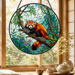 Cute floral forest red panda decor stained glass suncatcher window hanging, suitable for home and garden decoration