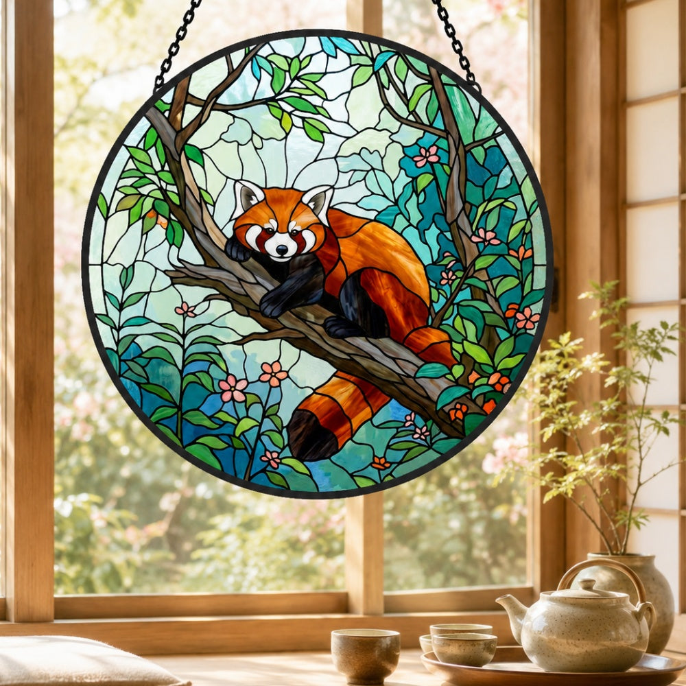 Cute floral forest red panda decor stained glass suncatcher window hanging, suitable for home and garden decoration