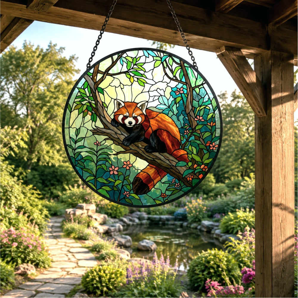 Cute floral forest red panda decor stained glass suncatcher window hanging, suitable for home and garden decoration