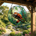 Cute floral forest red panda decor stained glass suncatcher window hanging, suitable for home and garden decoration
