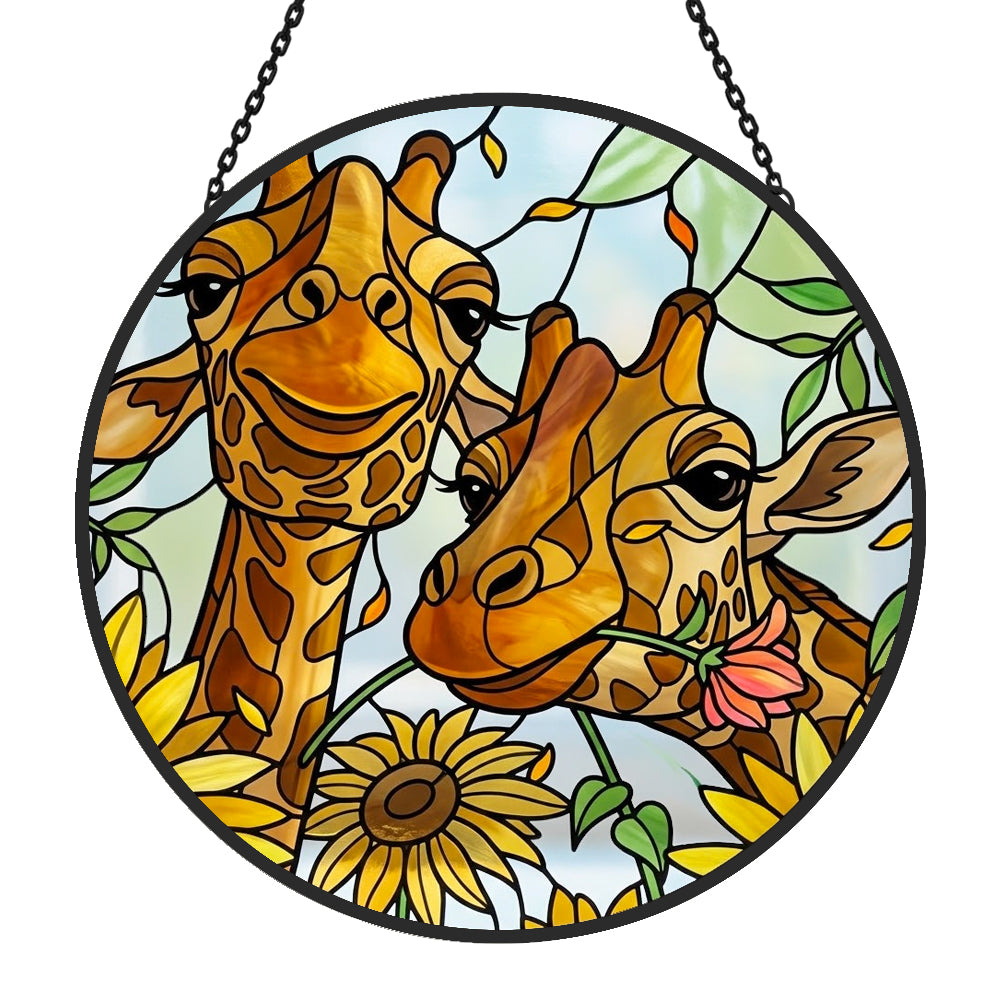 Cute giraffe couple with sunflowers stained glass suncatcher window hanging, suitable for home and garden decoration