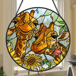 Cute giraffe couple with sunflowers stained glass suncatcher window hanging, suitable for home and garden decoration