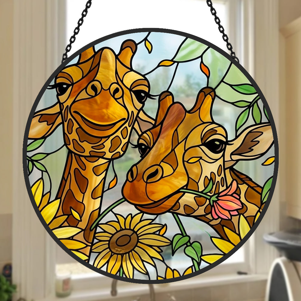 Cute giraffe couple with sunflowers stained glass suncatcher window hanging, suitable for home and garden decoration